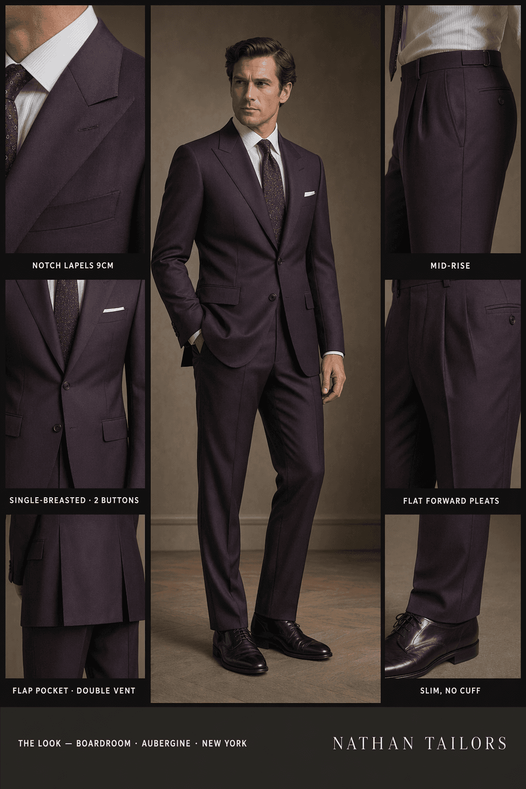 aubergine single-breasted notch-lapel online custom suit — designed online at RemoteSuit. Made-to-measure online custom suit available from $109.