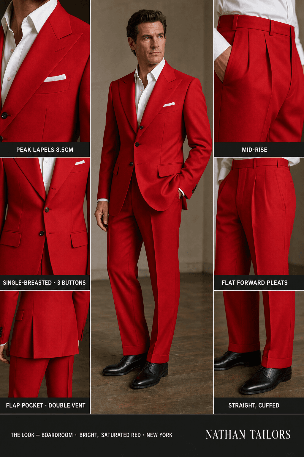 Bright, saturated red single-breasted peak-lapel online custom suit — designed online at RemoteSuit. Made-to-measure online custom suit available from $109.