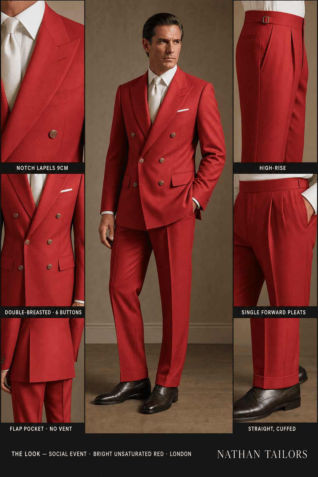 Bright unsaturated red double-breasted notch-lapel online custom suit — designed online at RemoteSuit. Made-to-measure online custom suit available from $109.