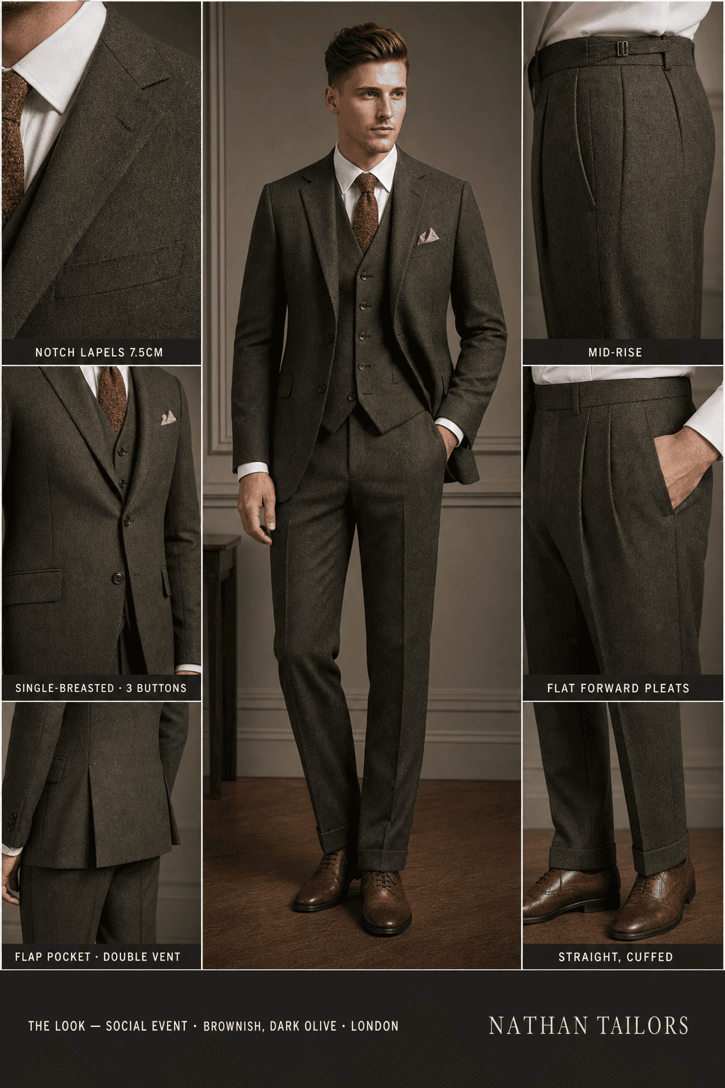 Brownish, Dark Olive single-breasted notch-lapel online custom suit — designed online at RemoteSuit. Made-to-measure online custom suit available from $109.
