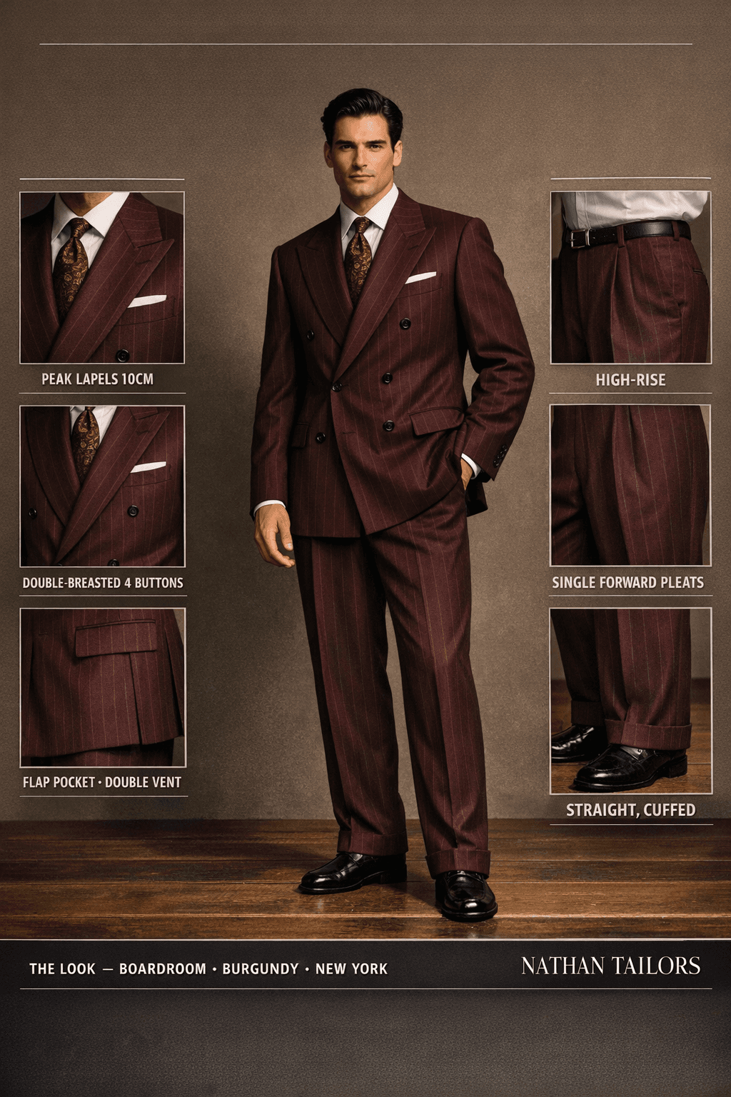 burgundy pinstripe double-breasted peak-lapel online custom suit — designed online at RemoteSuit. Made-to-measure online custom suit available from $109.