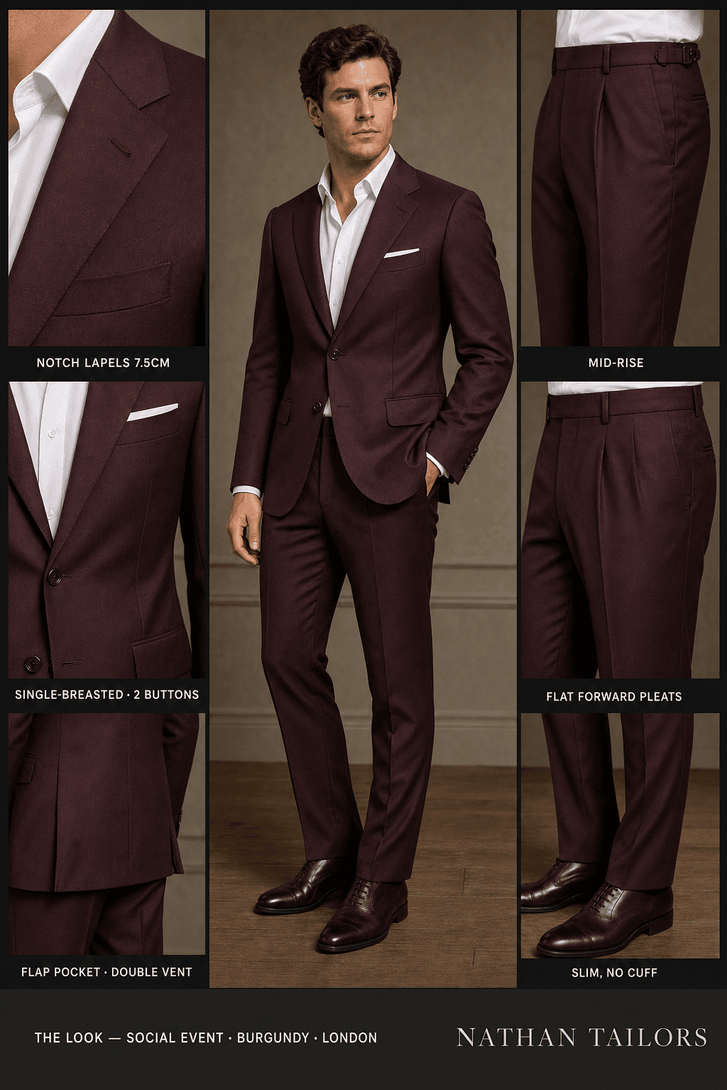 burgundy single-breasted notch-lapel online custom suit — designed online at RemoteSuit. Made-to-measure online custom suit available from $109.