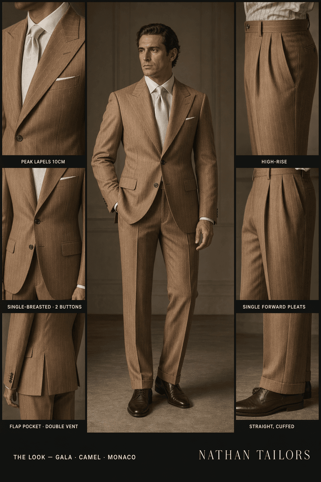 camel pinstripe single-breasted peak-lapel online custom suit — designed online at RemoteSuit. Made-to-measure online custom suit available from $109.