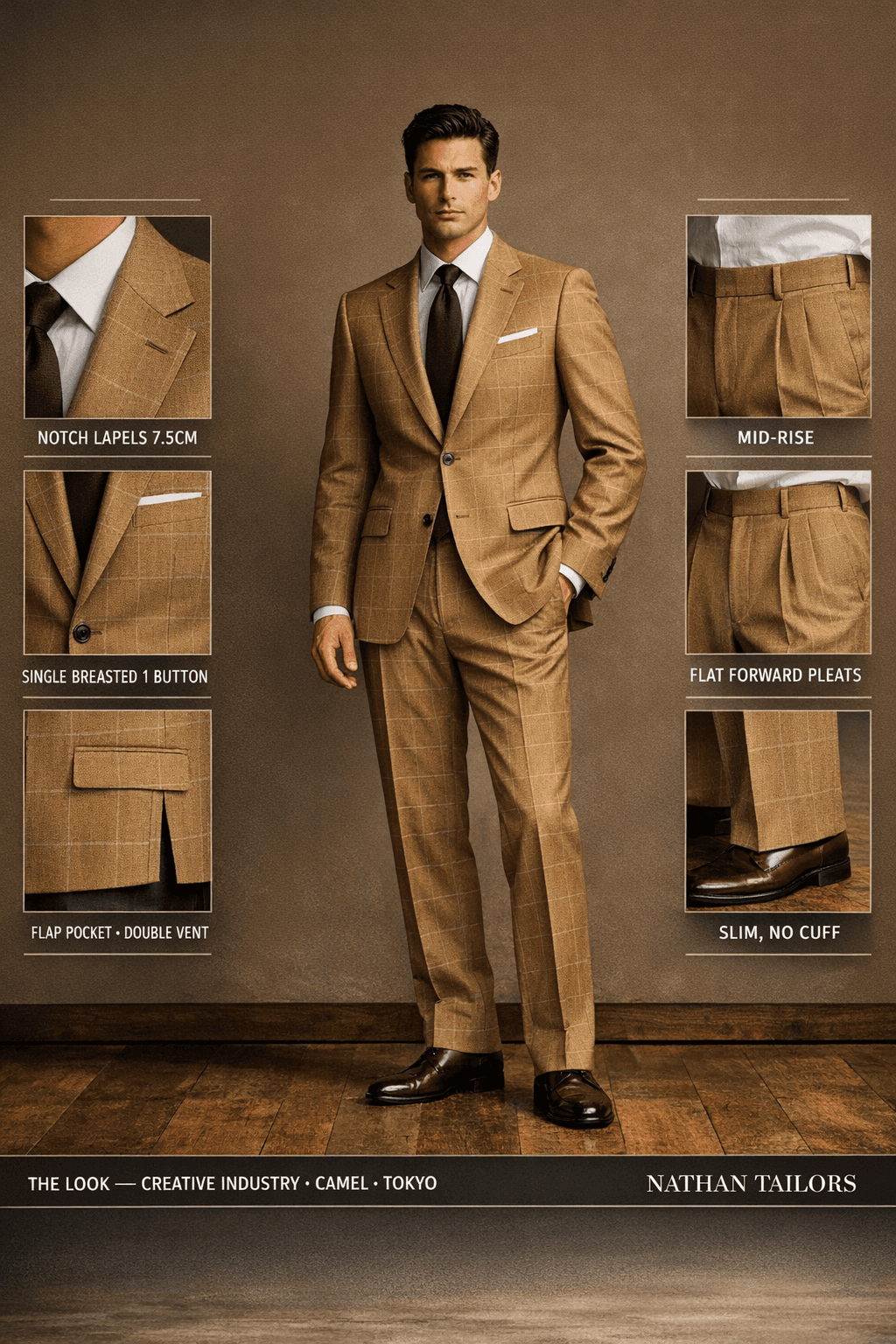 camel windowpane single-breasted notch-lapel online custom suit — designed online at RemoteSuit. Made-to-measure online custom suit available from $109.