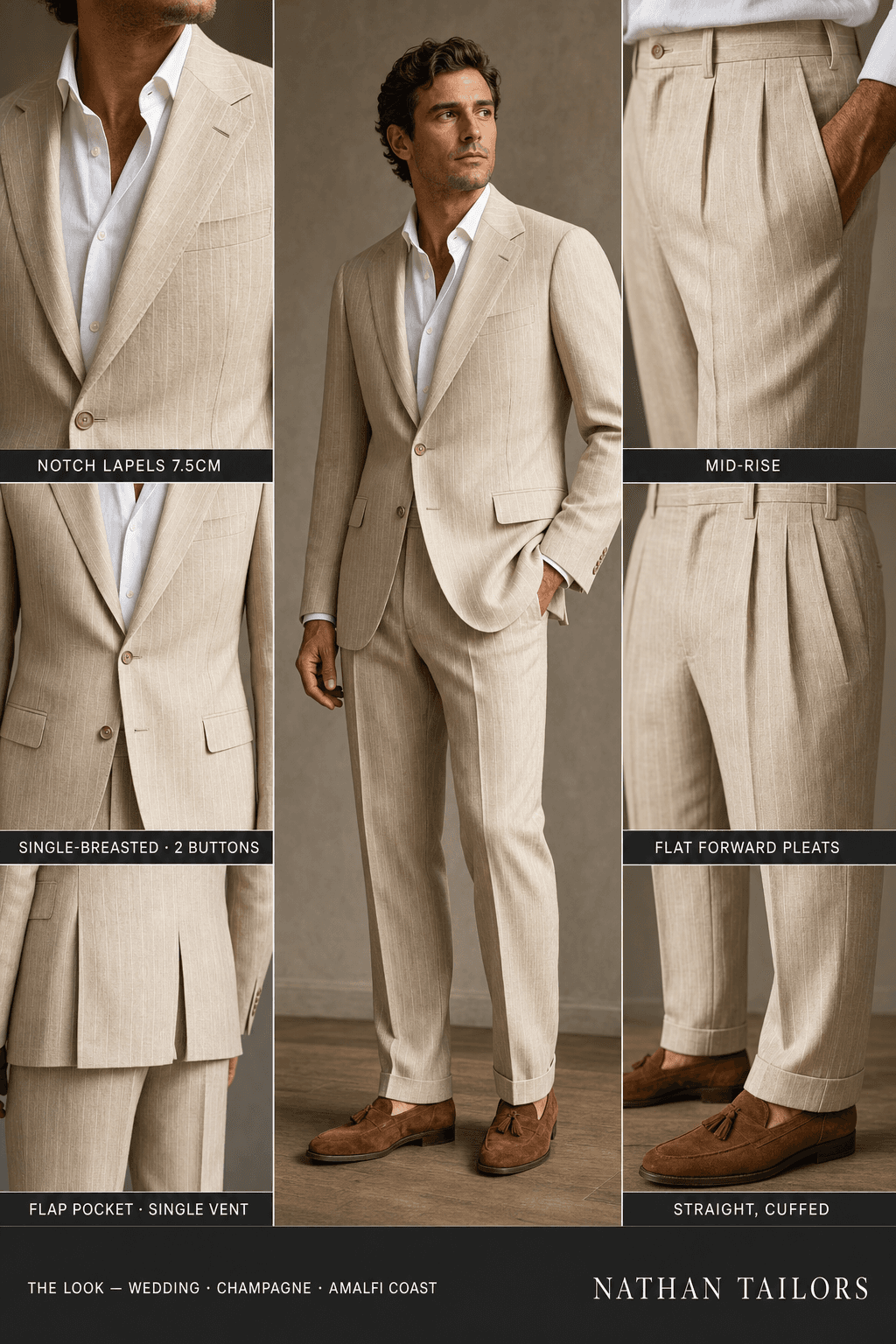 champagne chalk stripe single-breasted notch-lapel online custom suit — designed online at RemoteSuit. Made-to-measure online custom suit available from $109.