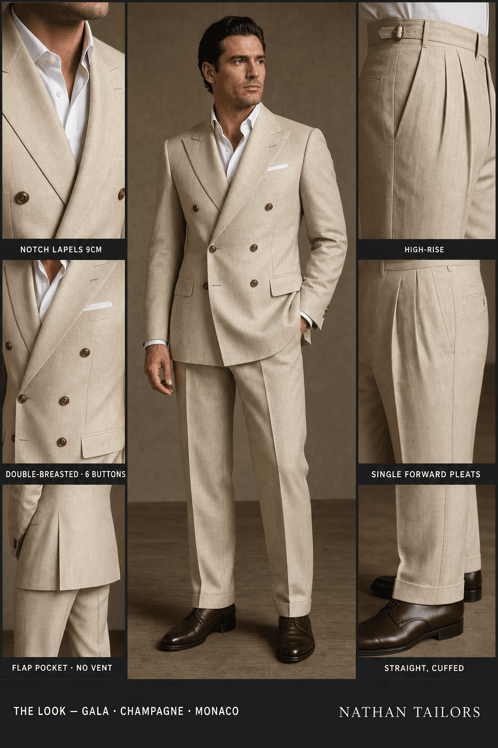 champagne double-breasted notch-lapel online custom suit — designed online at RemoteSuit. Made-to-measure online custom suit available from $109.