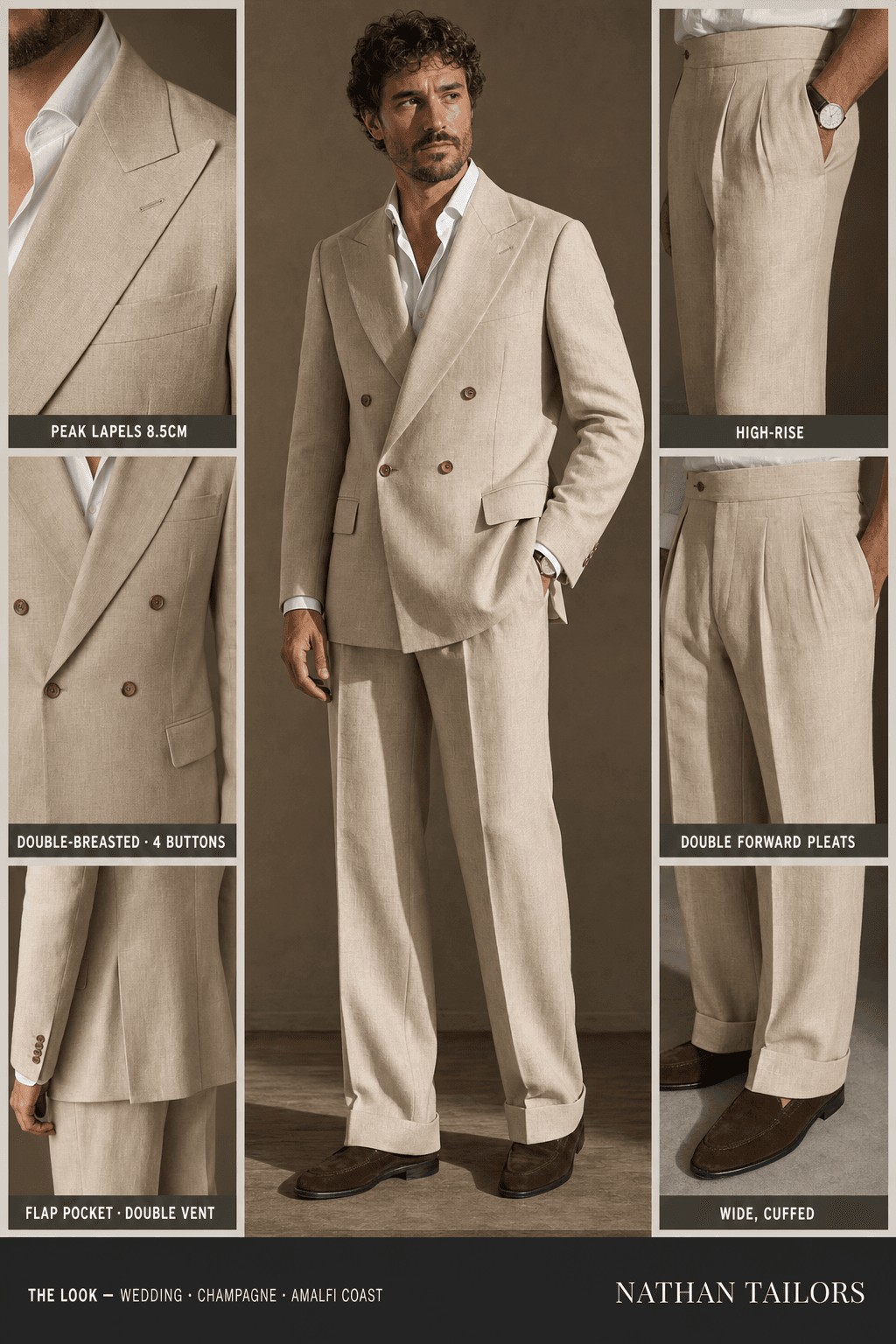 champagne double-breasted peak-lapel online custom suit — designed online at RemoteSuit. Made-to-measure online custom suit available from $109.
