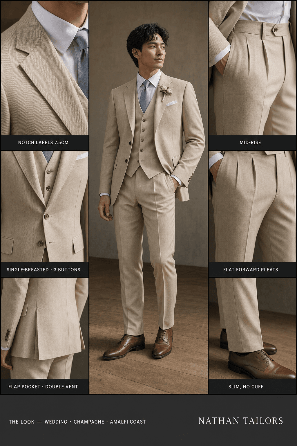 champagne herringbone single-breasted notch-lapel online custom suit — designed online at RemoteSuit. Made-to-measure online custom suit available from $109.