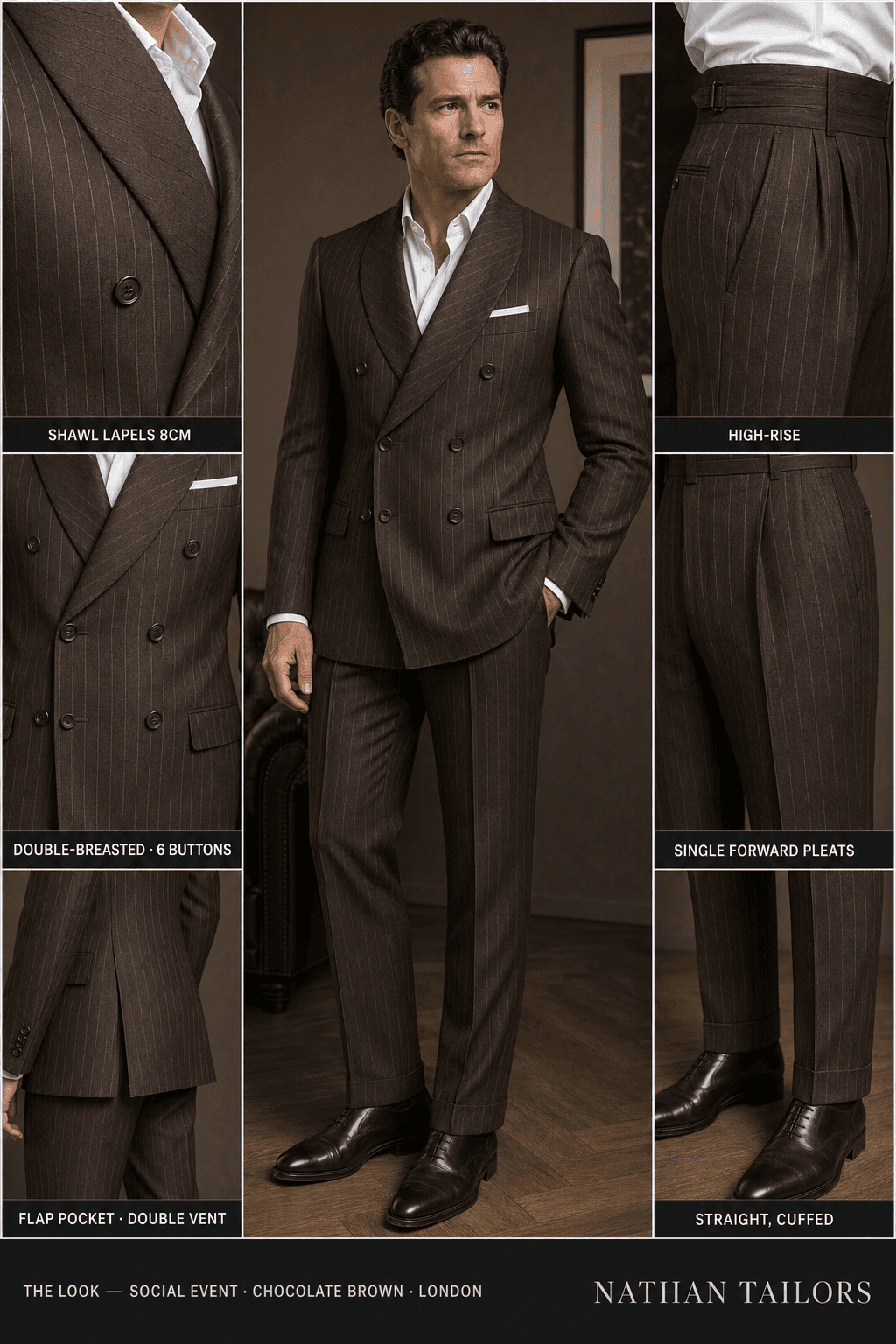 chocolate brown chalk stripe double-breasted shawl-lapel online custom suit — designed online at RemoteSuit. Made-to-measure online custom suit available from $109.