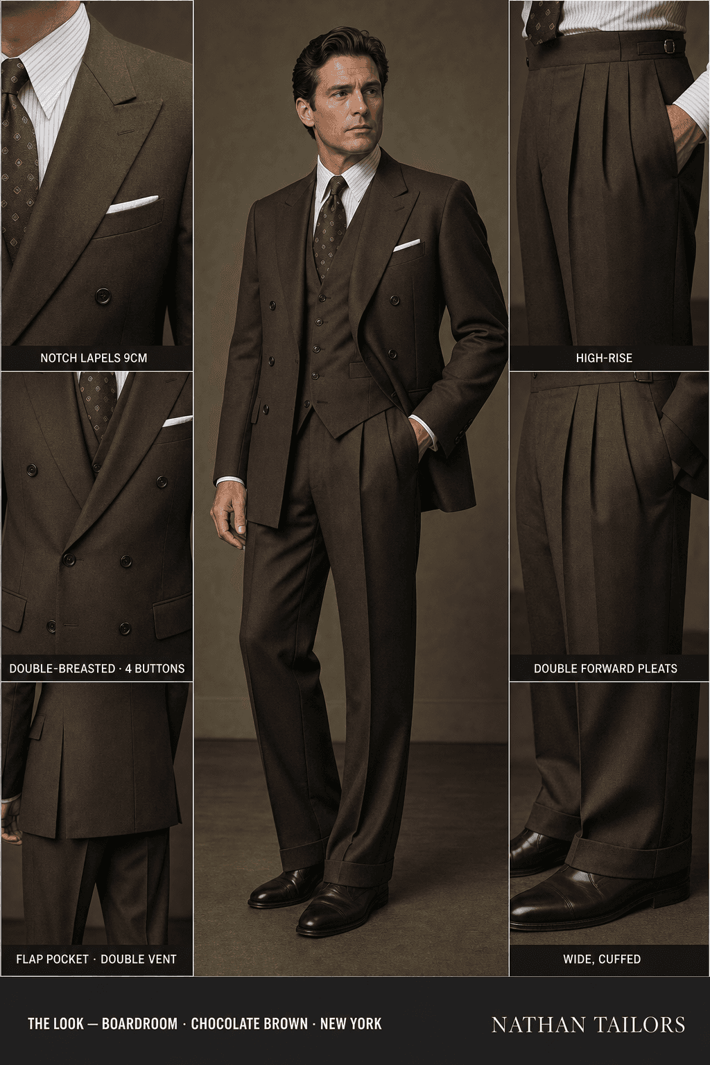 chocolate brown double-breasted notch-lapel online custom suit — designed online at RemoteSuit. Made-to-measure online custom suit available from $109.