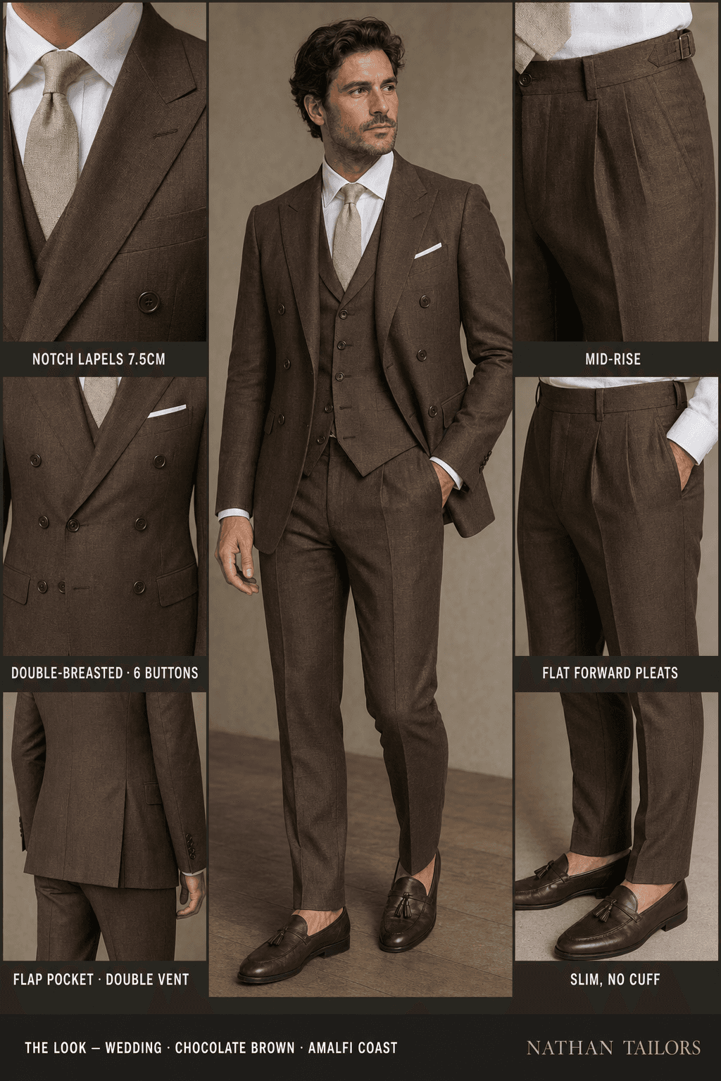 chocolate brown double-breasted notch-lapel online custom suit — designed online at RemoteSuit. Made-to-measure online custom suit available from $109.