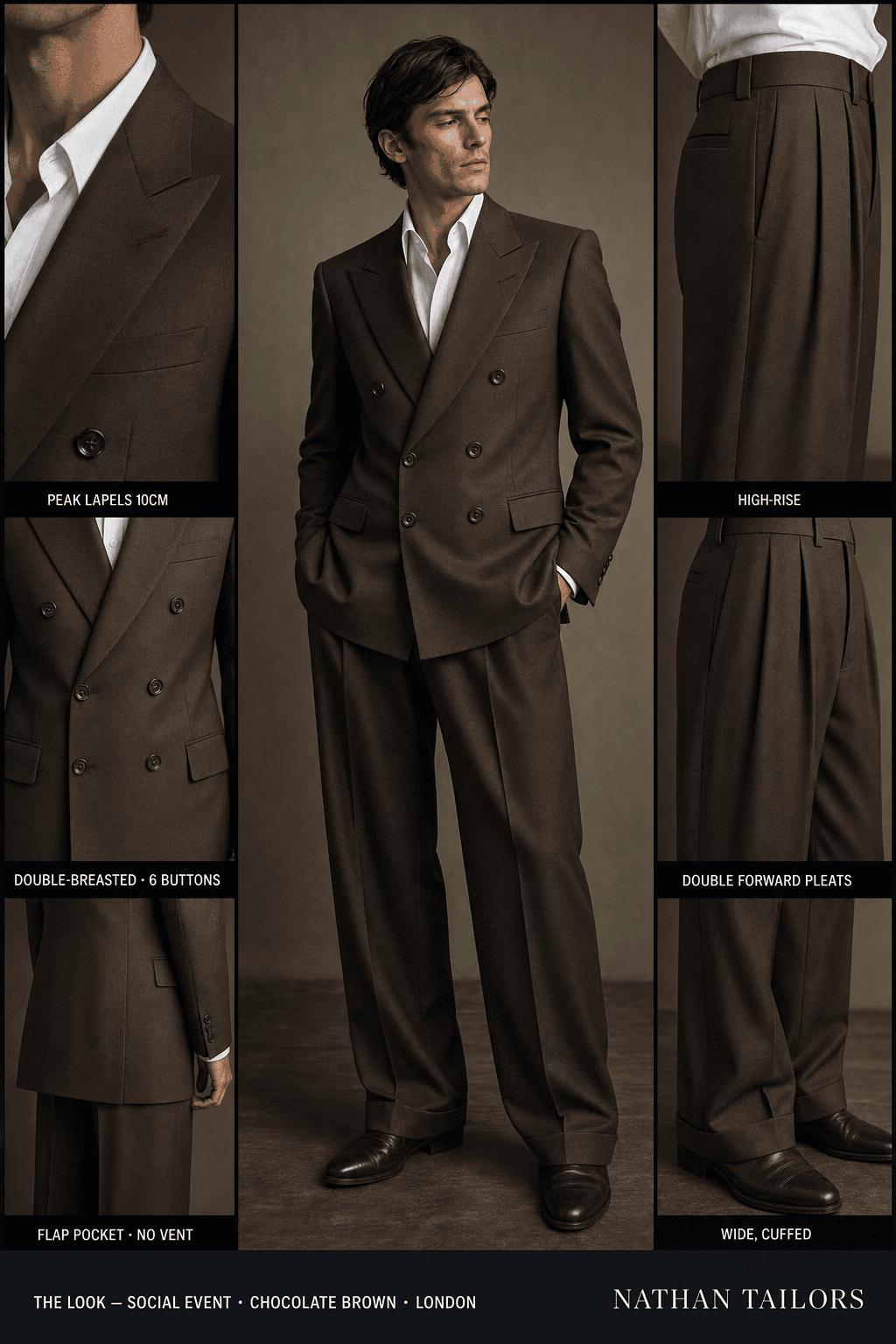 chocolate brown double-breasted peak-lapel online custom suit — designed online at RemoteSuit. Made-to-measure online custom suit available from $109.
