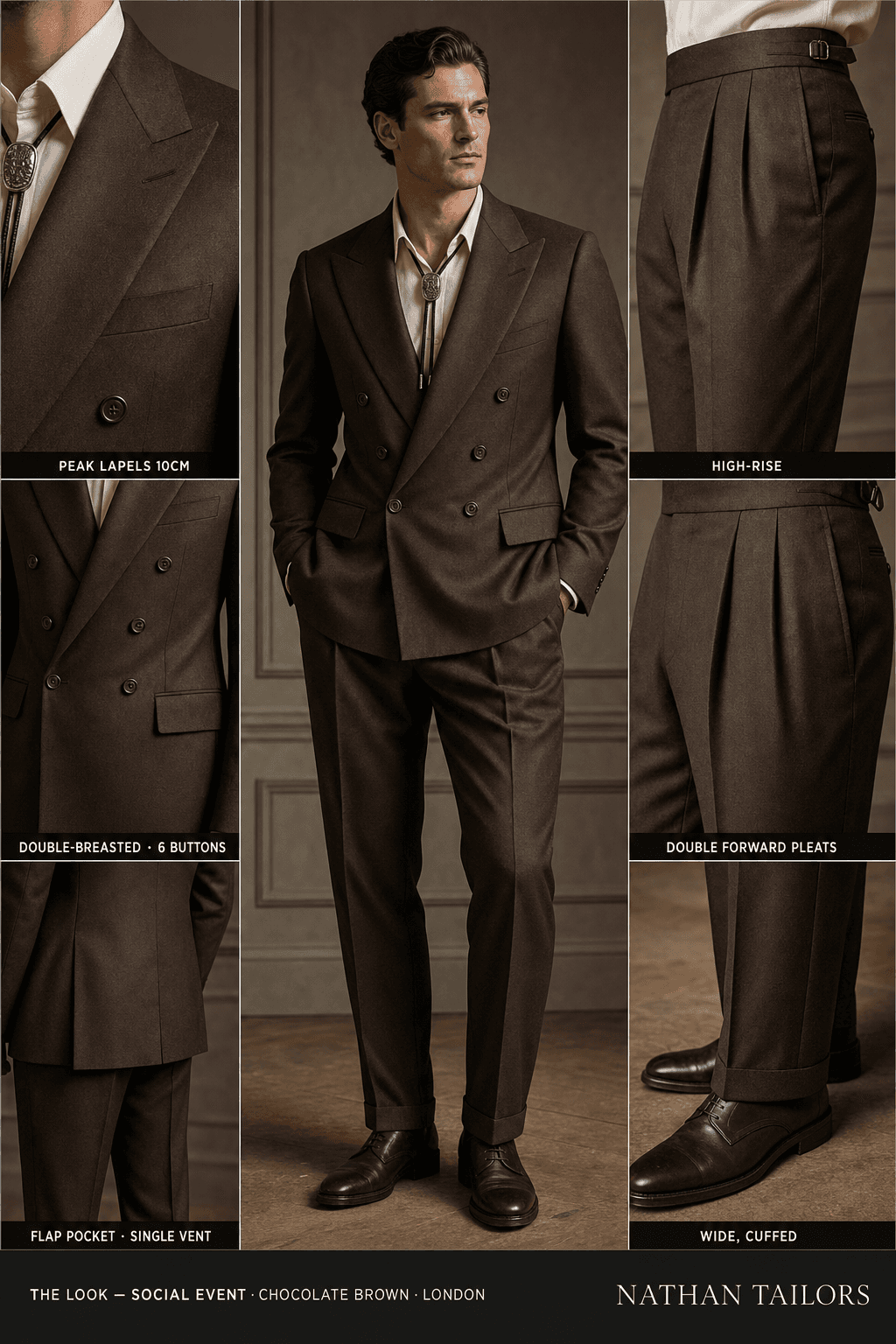chocolate brown double-breasted peak-lapel online custom suit — designed online at RemoteSuit. Made-to-measure online custom suit available from $109.