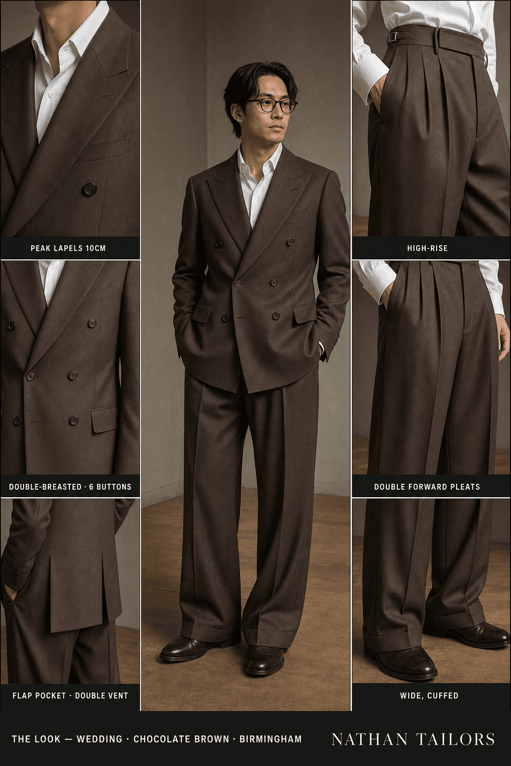 chocolate brown double-breasted peak-lapel online custom suit — designed online at RemoteSuit. Made-to-measure online custom suit available from $109.