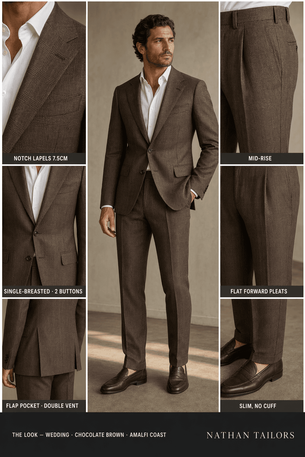 chocolate brown glen plaid single-breasted notch-lapel online custom suit — designed online at RemoteSuit. Made-to-measure online custom suit available from $109.