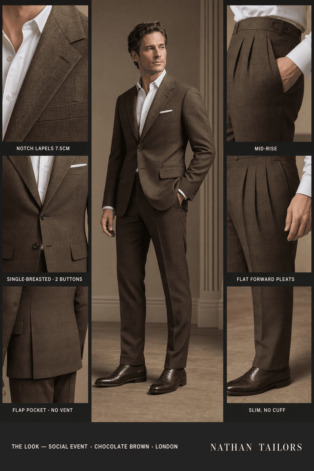 chocolate brown glen plaid single-breasted notch-lapel online custom suit — designed online at RemoteSuit. Made-to-measure online custom suit available from $109.