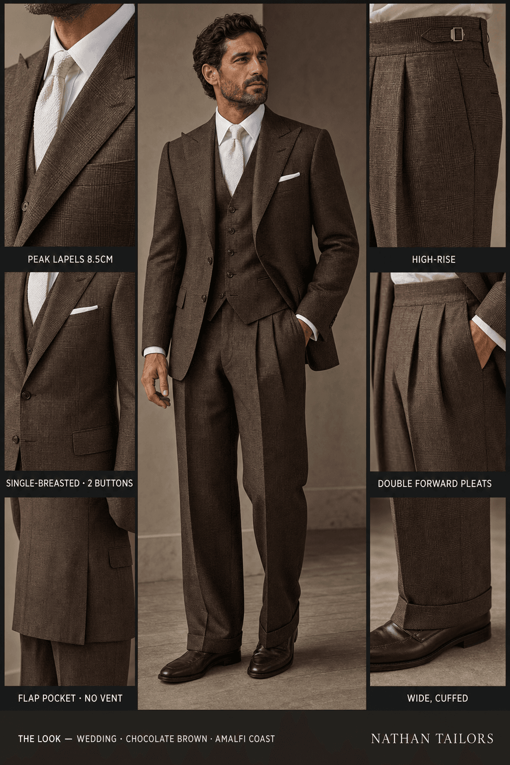 chocolate brown glen plaid single-breasted peak-lapel online custom suit — designed online at RemoteSuit. Made-to-measure online custom suit available from $109.