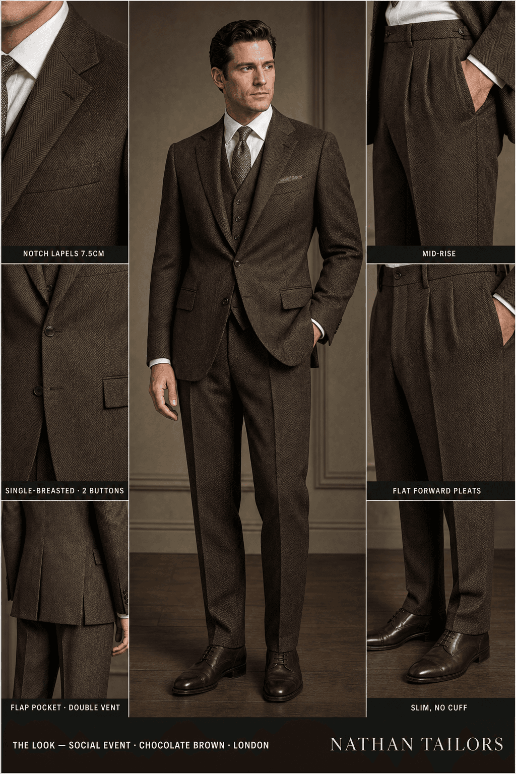 chocolate brown herringbone single-breasted notch-lapel online custom suit — designed online at RemoteSuit. Made-to-measure online custom suit available from $109.
