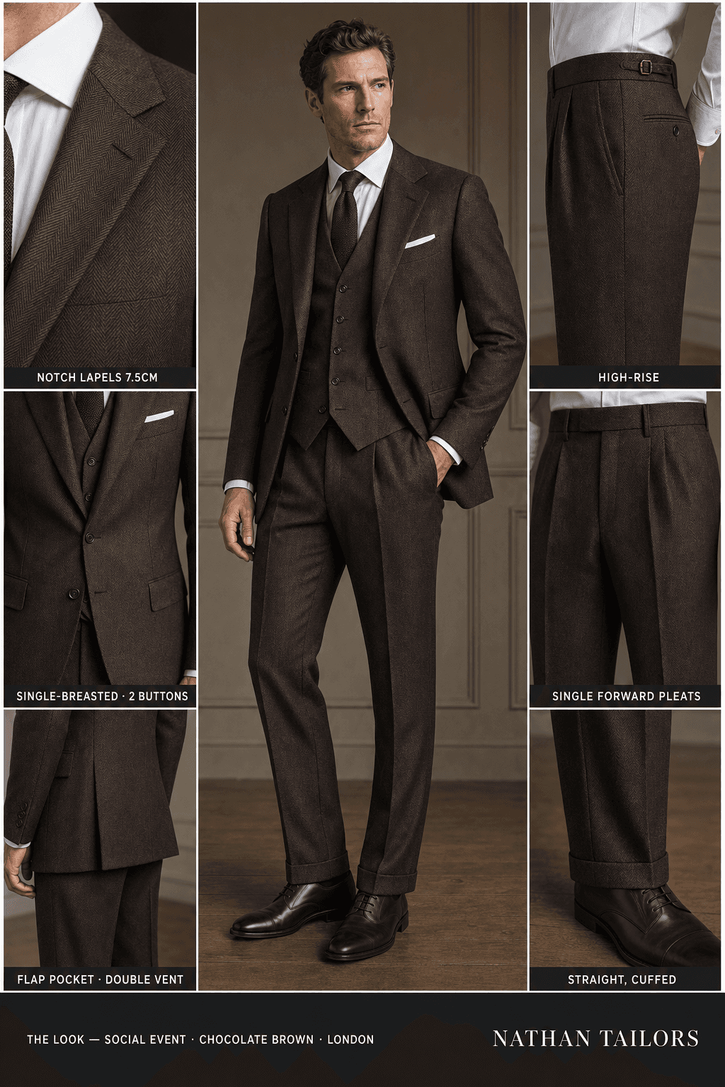 chocolate brown herringbone single-breasted notch-lapel online custom suit — designed online at RemoteSuit. Made-to-measure online custom suit available from $109.