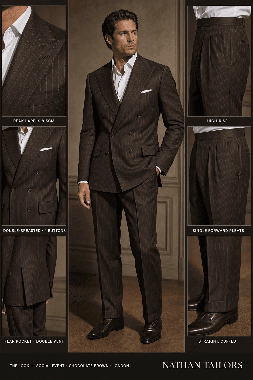chocolate brown pinstripe double-breasted peak-lapel online custom suit — designed online at RemoteSuit. Made-to-measure online custom suit available from $109.