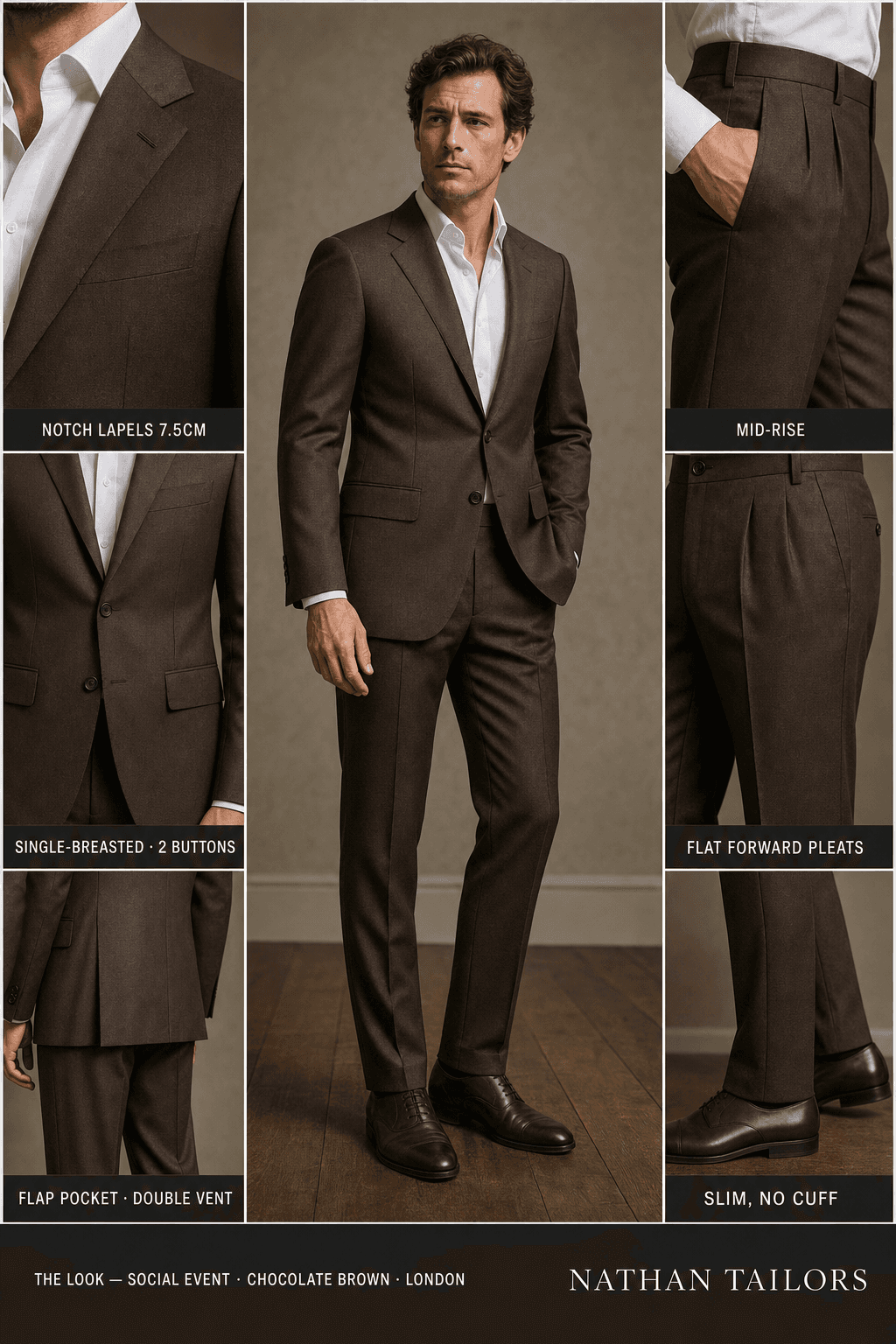 chocolate brown single-breasted notch-lapel online custom suit — designed online at RemoteSuit. Made-to-measure online custom suit available from $109.