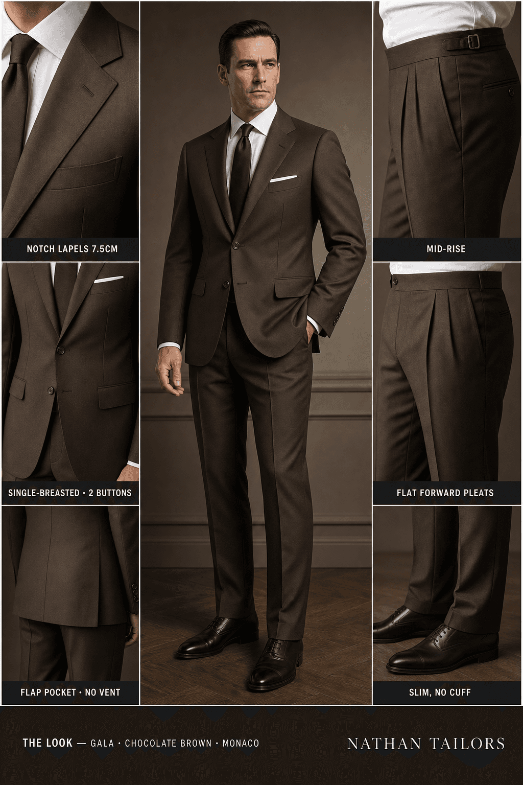 chocolate brown single-breasted notch-lapel online custom suit — designed online at RemoteSuit. Made-to-measure online custom suit available from $109.
