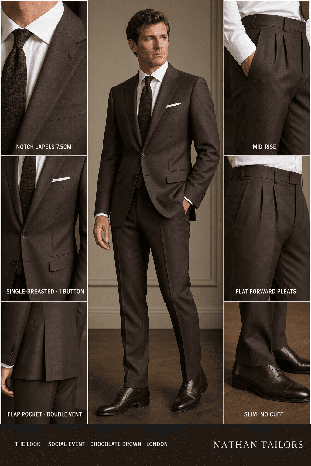 chocolate brown single-breasted notch-lapel online custom suit — designed online at RemoteSuit. Made-to-measure online custom suit available from $109.
