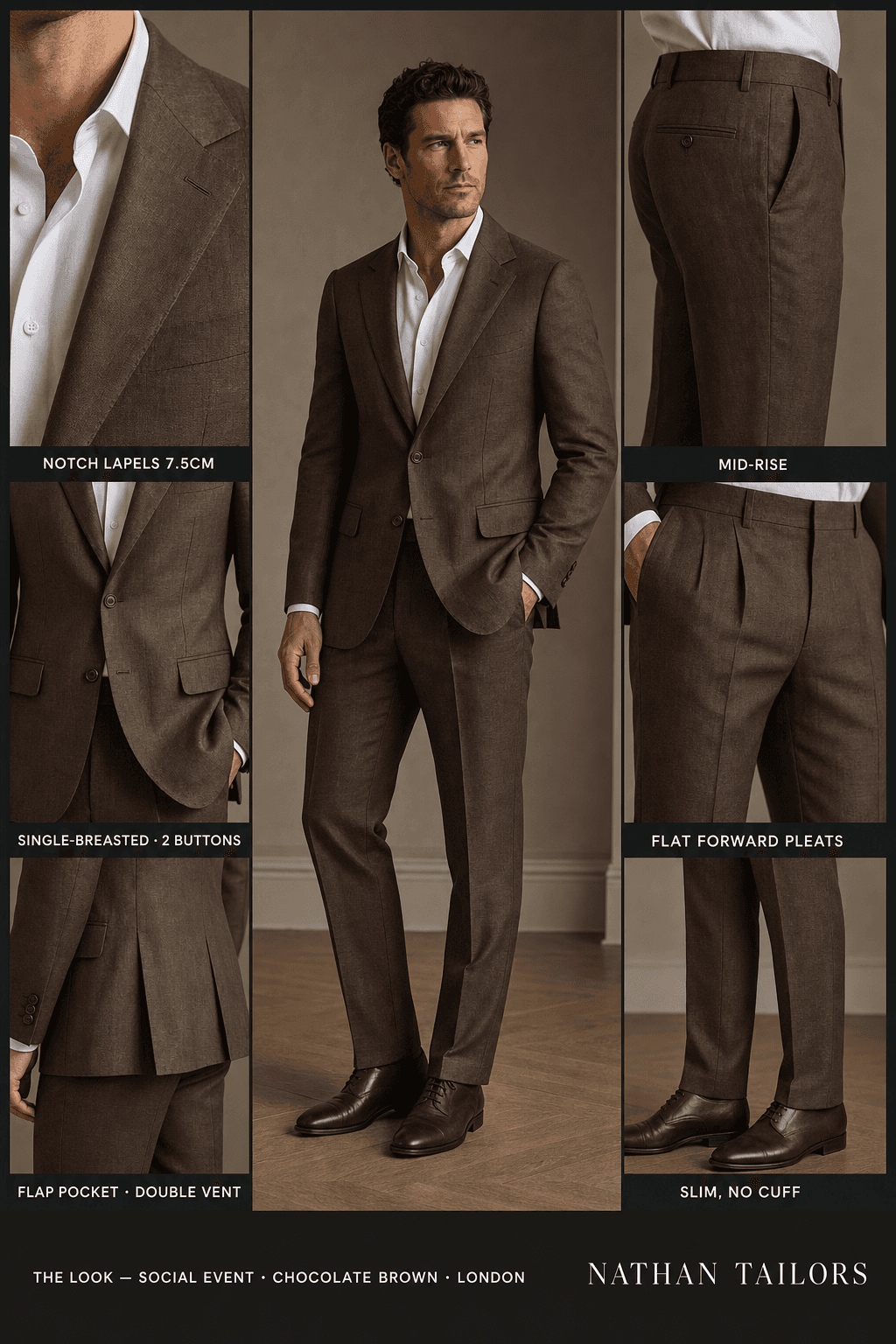 chocolate brown single-breasted notch-lapel online custom suit — designed online at RemoteSuit. Made-to-measure online custom suit available from $109.