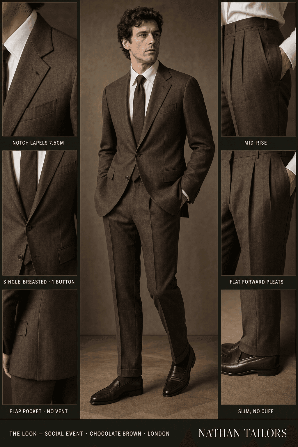chocolate brown single-breasted notch-lapel online custom suit — designed online at RemoteSuit. Made-to-measure online custom suit available from $109.