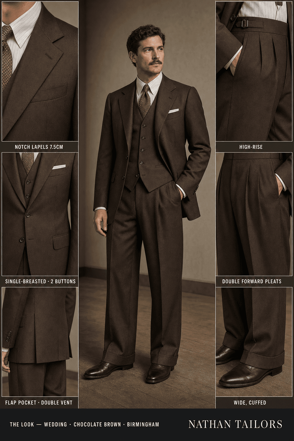 chocolate brown single-breasted notch-lapel online custom suit — designed online at RemoteSuit. Made-to-measure online custom suit available from $129.