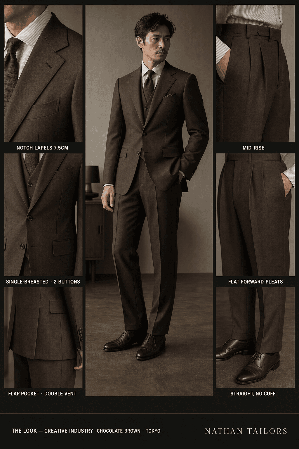 chocolate brown single-breasted notch-lapel online custom suit — designed online at RemoteSuit. Made-to-measure online custom suit available from $109.