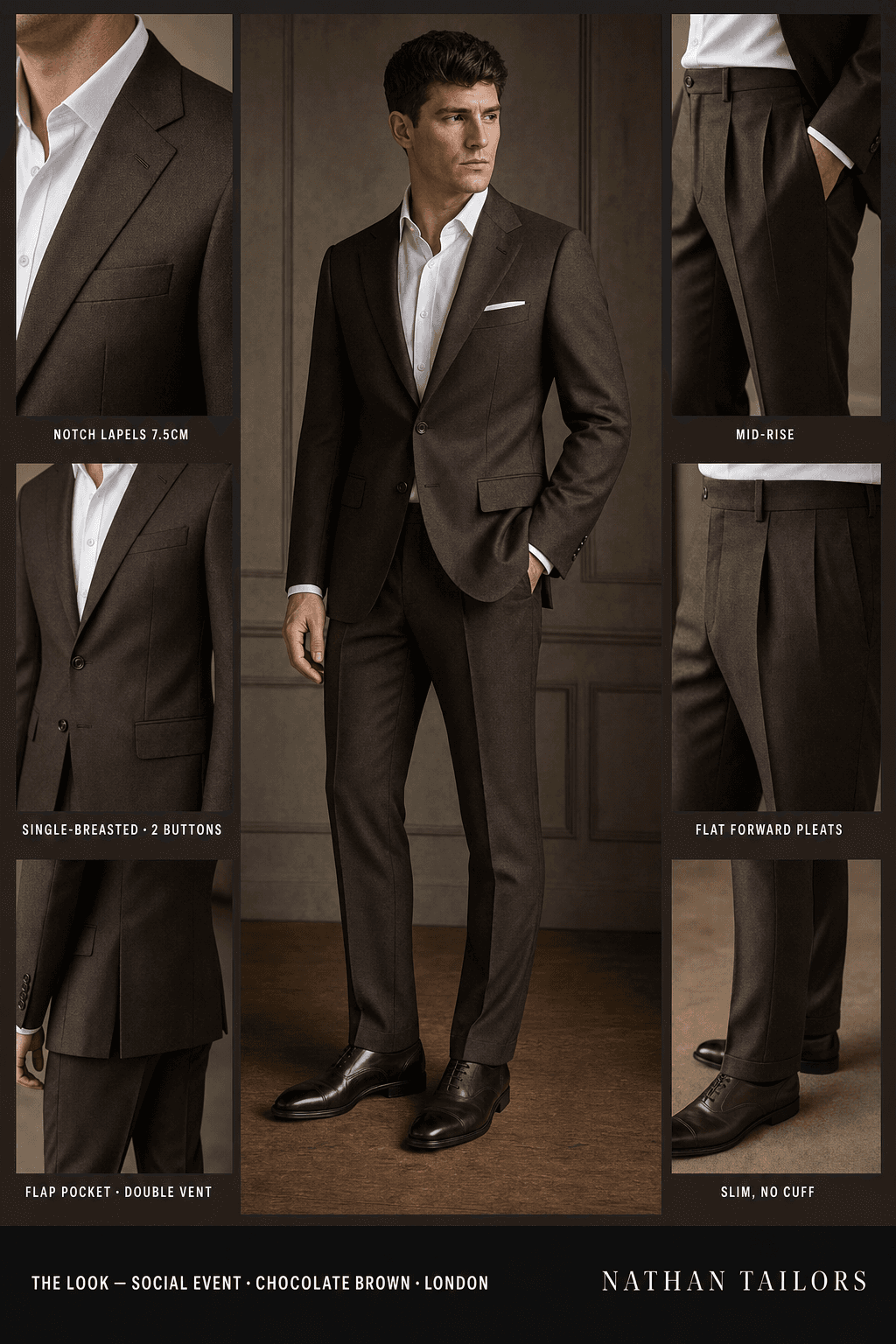 chocolate brown single-breasted notch-lapel online custom suit — designed online at RemoteSuit. Made-to-measure online custom suit available from $109.