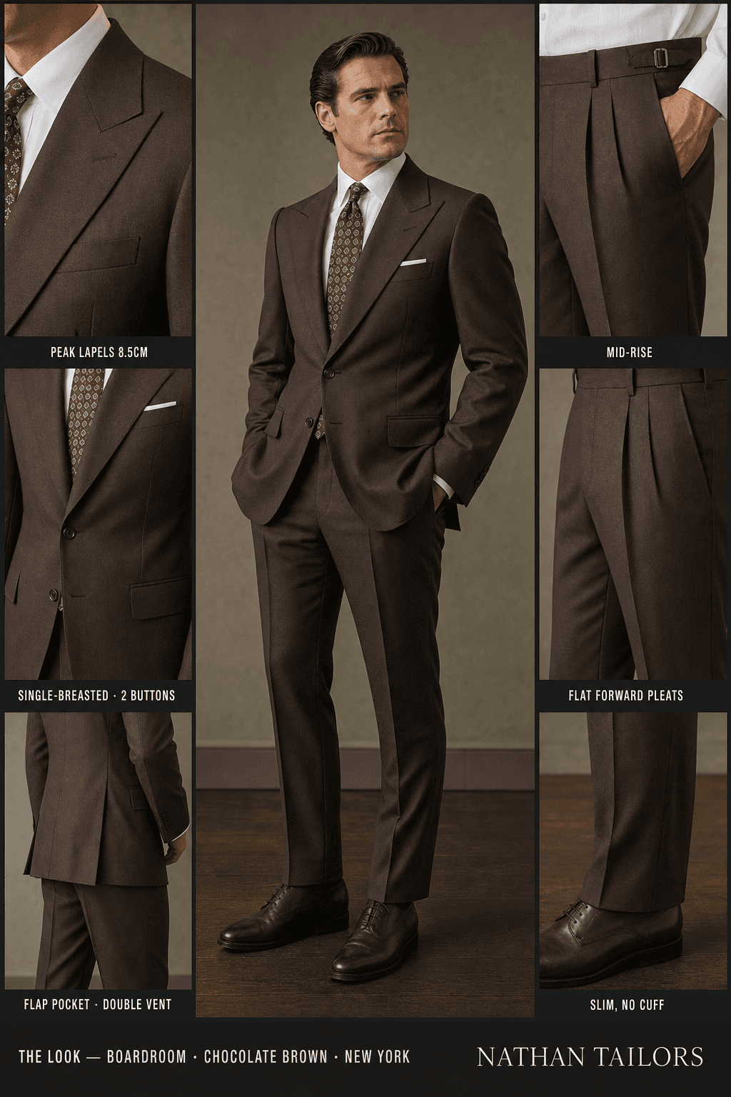 chocolate brown single-breasted peak-lapel online custom suit — designed online at RemoteSuit. Made-to-measure online custom suit available from $109.