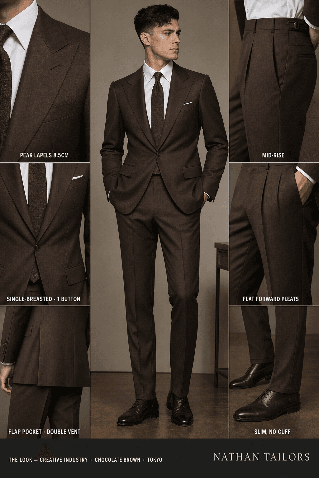 chocolate brown single-breasted peak-lapel online custom suit — designed online at RemoteSuit. Made-to-measure online custom suit available from $109.