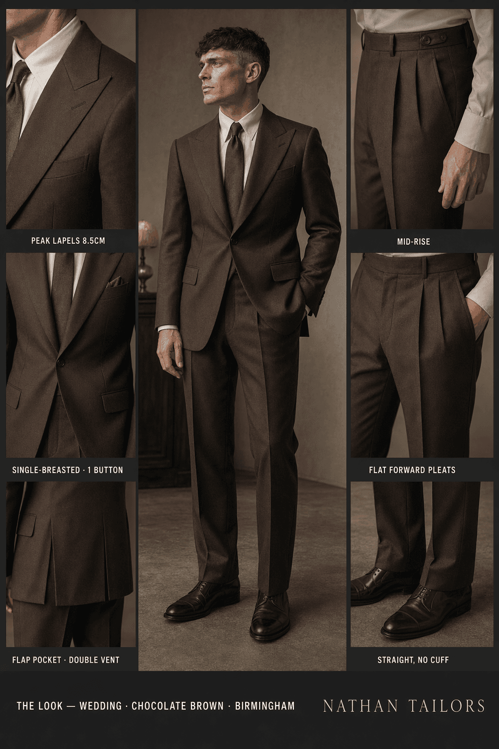 chocolate brown single-breasted peak-lapel online custom suit — designed online at RemoteSuit. Made-to-measure online custom suit available from $109.
