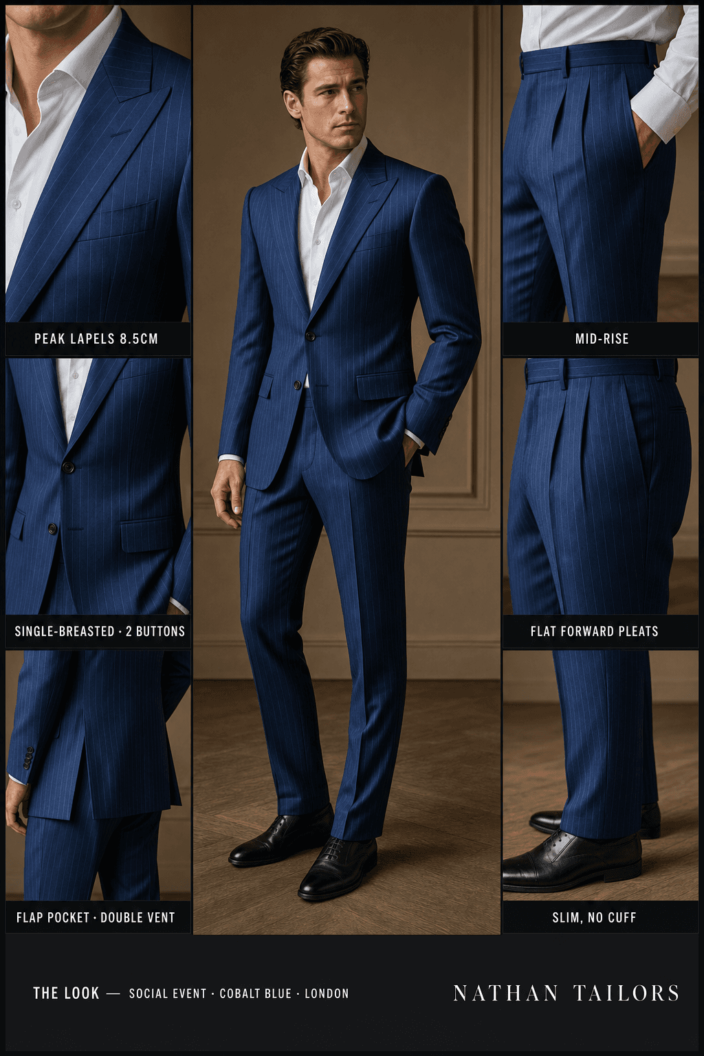 cobalt blue pinstripe single-breasted peak-lapel online custom suit — designed online at RemoteSuit. Made-to-measure online custom suit available from $109.