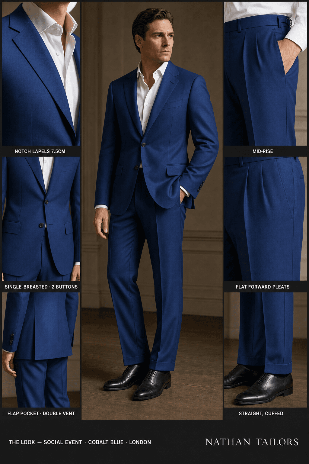 cobalt blue single-breasted notch-lapel online custom suit — designed online at RemoteSuit. Made-to-measure online custom suit available from $109.