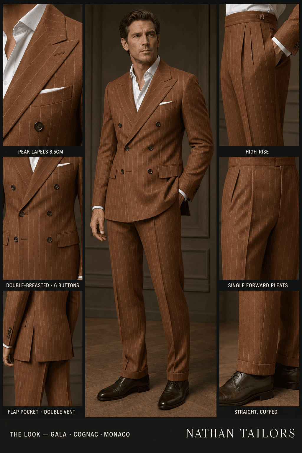 cognac chalk stripe double-breasted peak-lapel online custom suit — designed online at RemoteSuit. Made-to-measure online custom suit available from $109.