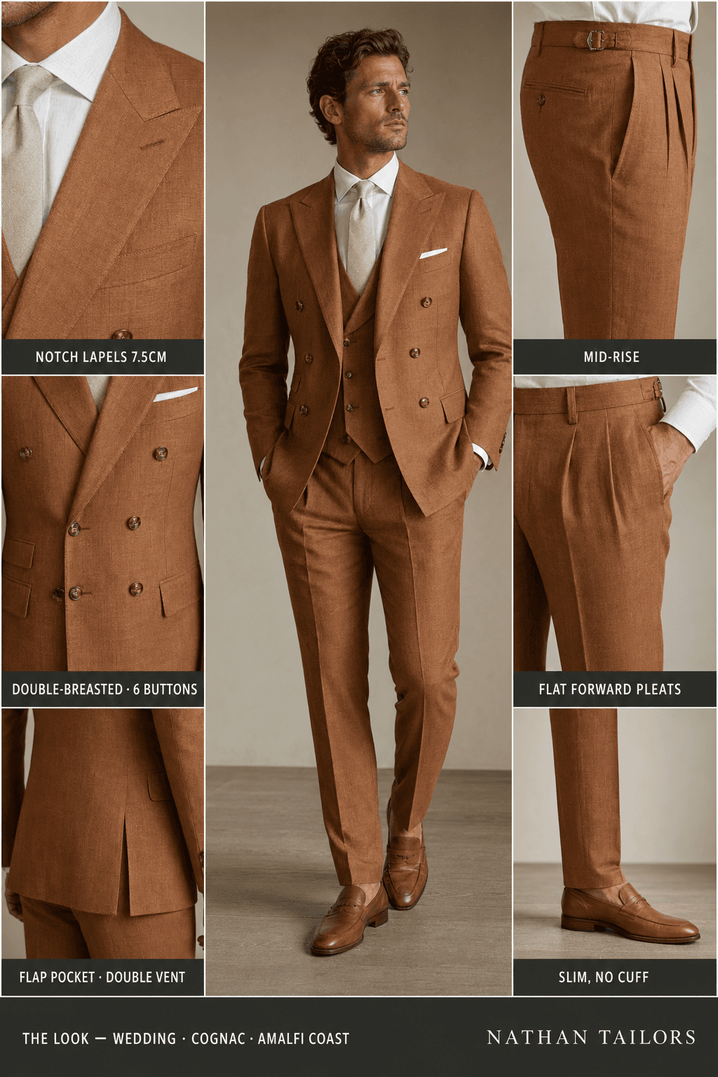 cognac double-breasted notch-lapel online custom suit — designed online at RemoteSuit. Made-to-measure online custom suit available from $109.