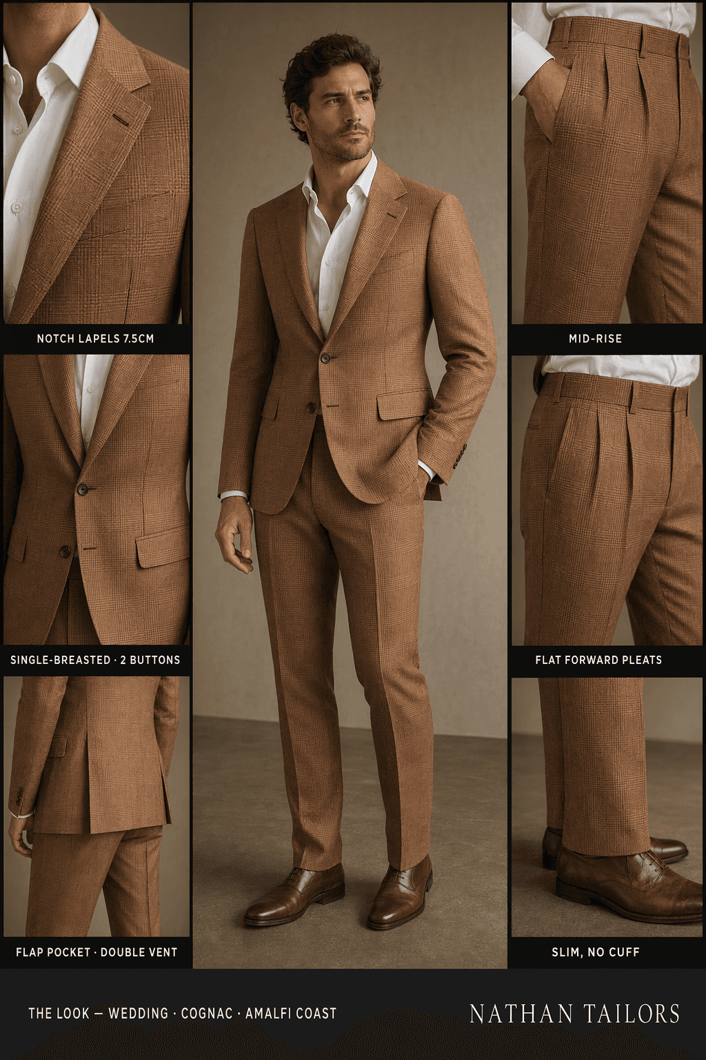 cognac glen plaid single-breasted notch-lapel online custom suit — designed online at RemoteSuit. Made-to-measure online custom suit available from $109.