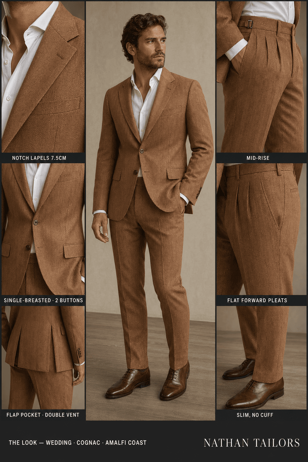 cognac single-breasted online custom suit — designed at RemoteSuit, made to measure online