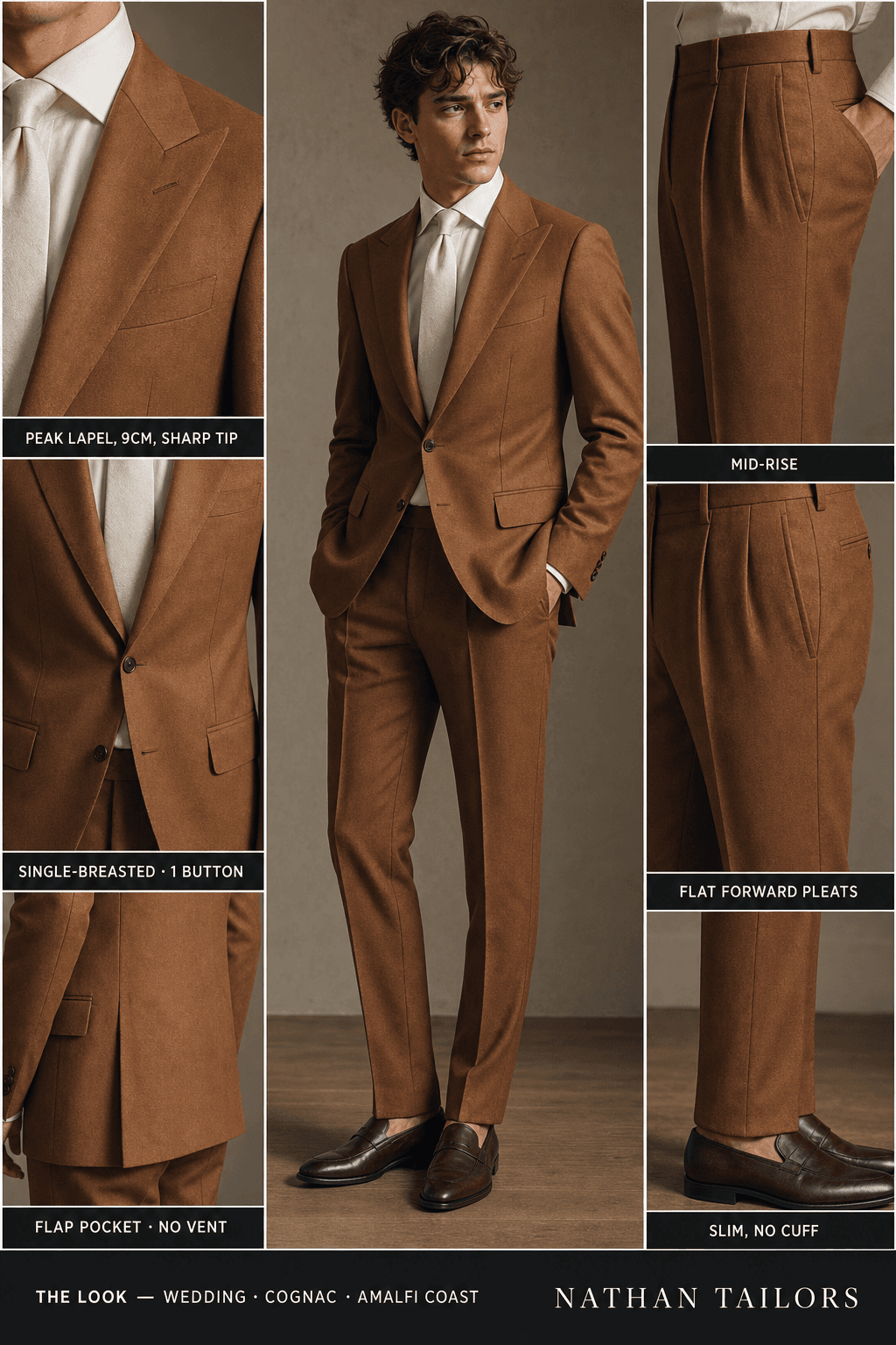 cognac single-breasted notch-lapel online custom suit — designed online at RemoteSuit. Made-to-measure online custom suit available from $109.