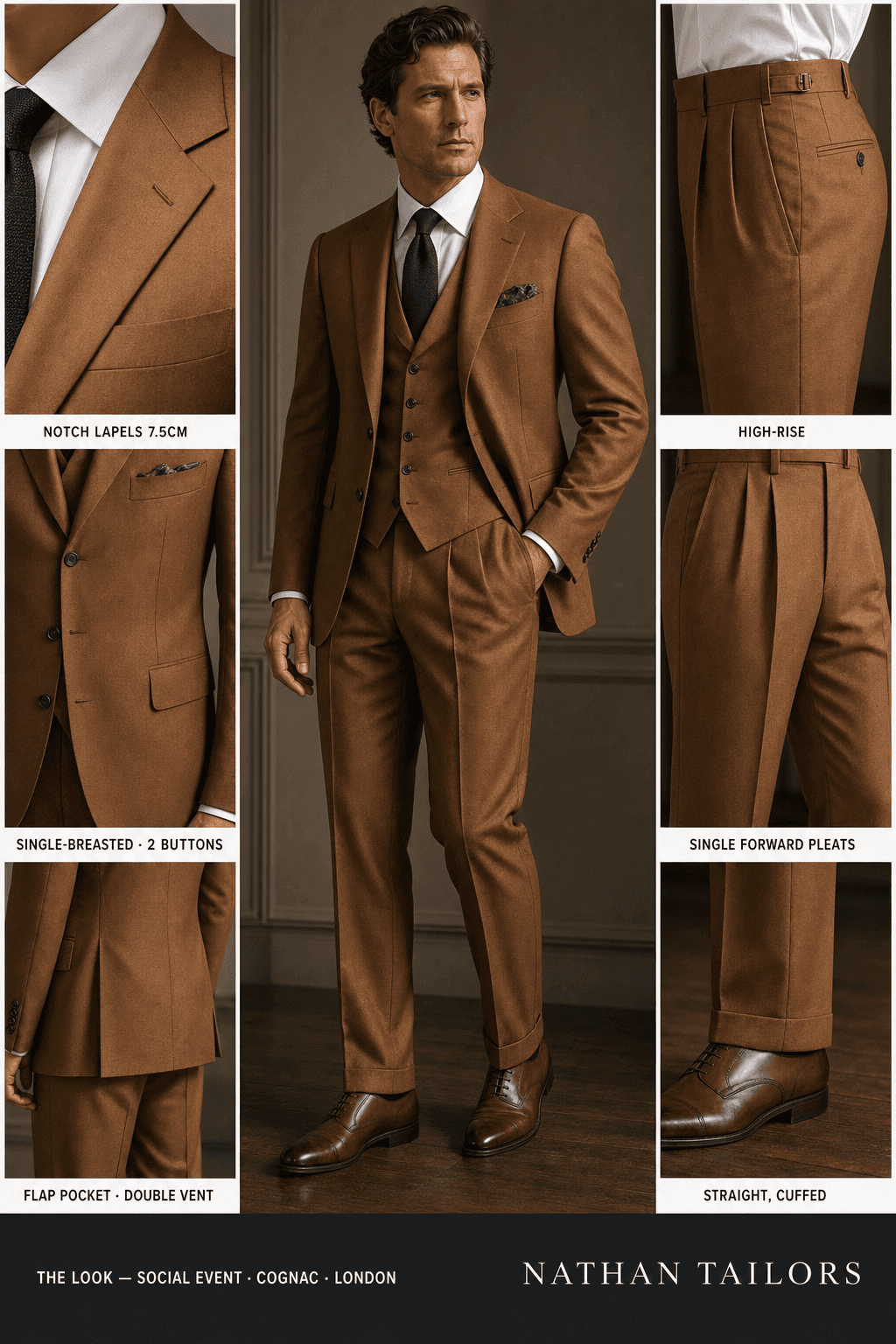 cognac single-breasted notch-lapel online custom suit — designed online at RemoteSuit. Made-to-measure online custom suit available from $109.