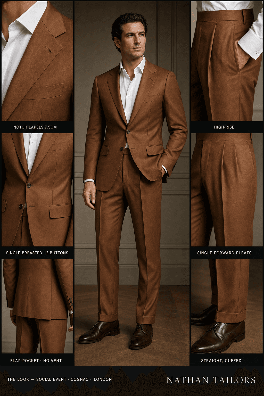 cognac single-breasted notch-lapel online custom suit — designed online at RemoteSuit. Made-to-measure online custom suit available from $109.