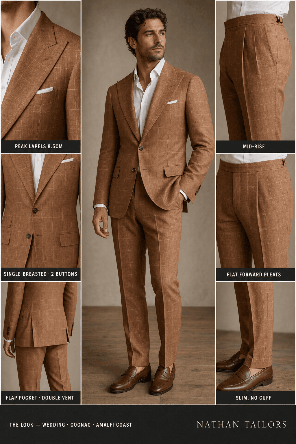 cognac single-breasted online custom suit — designed at RemoteSuit, made to measure online