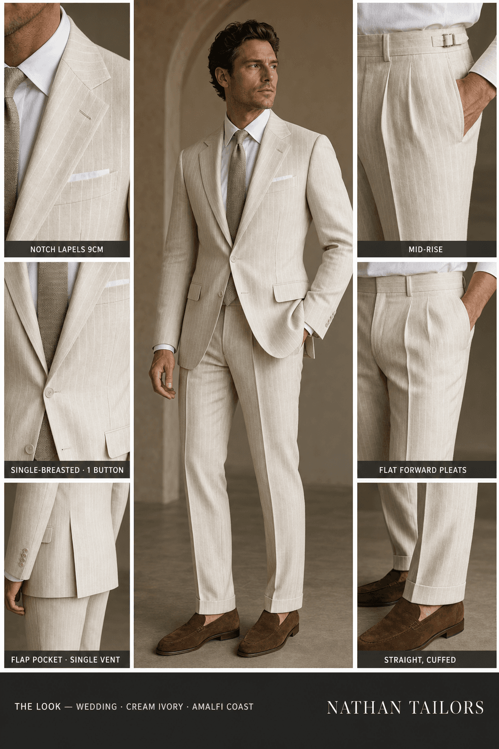 cream ivory chalk stripe single-breasted notch-lapel online custom suit — designed online at RemoteSuit. Made-to-measure online custom suit available from $109.