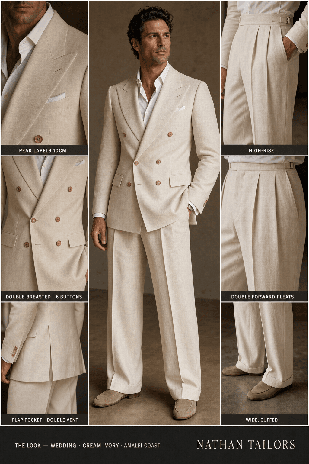 cream ivory double-breasted peak-lapel online custom suit — designed online at RemoteSuit. Made-to-measure online custom suit available from $109.
