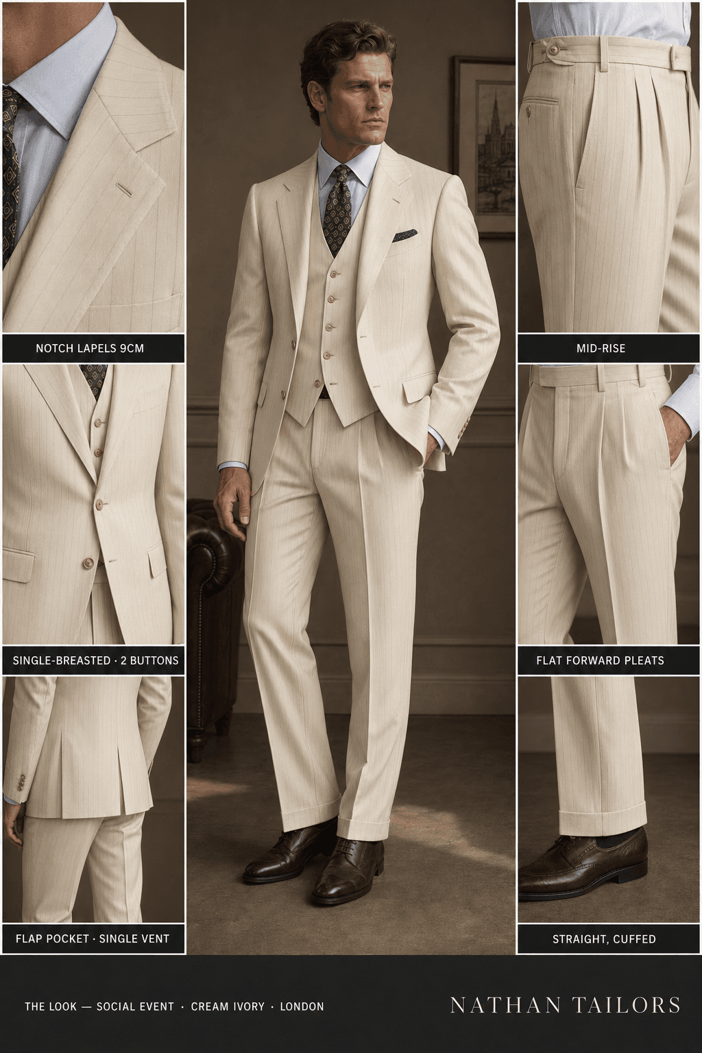 cream ivory pinstripe single-breasted notch-lapel online custom suit — designed online at RemoteSuit. Made-to-measure online custom suit available from $109.