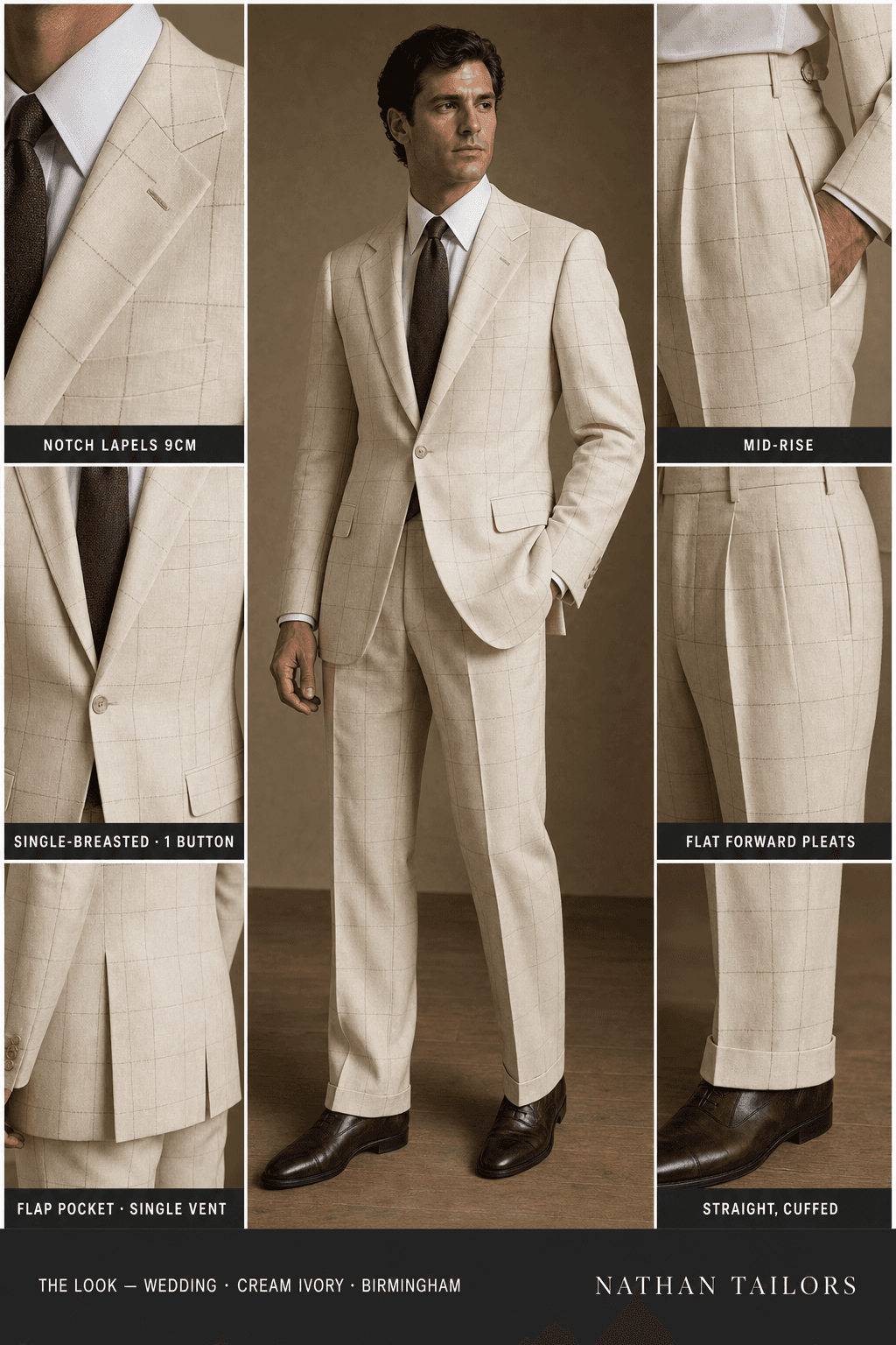 cream ivory windowpane single-breasted notch-lapel online custom suit — designed online at RemoteSuit. Made-to-measure online custom suit available from $109.