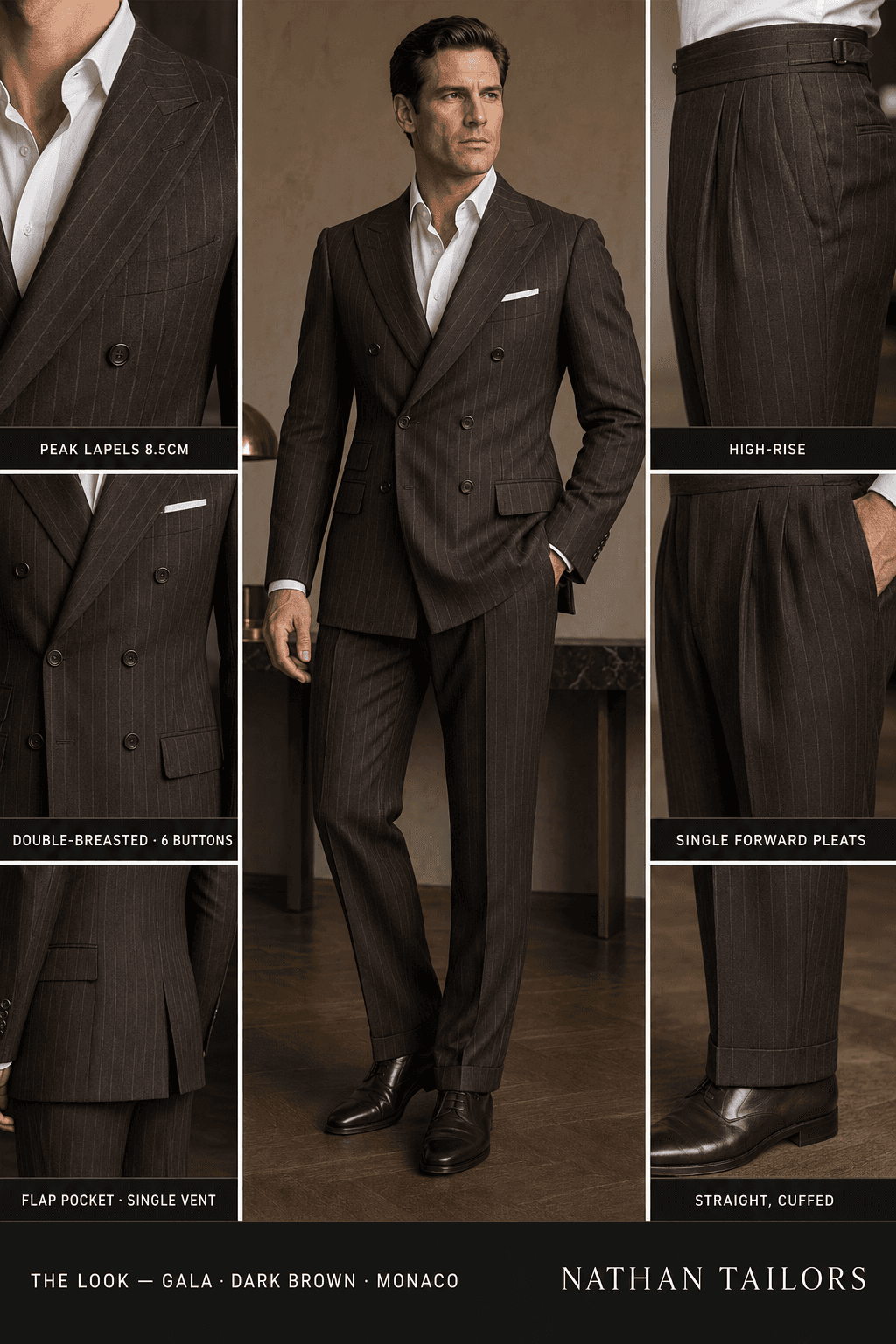Dark brown double-breasted online custom suit — designed at RemoteSuit, made to measure online